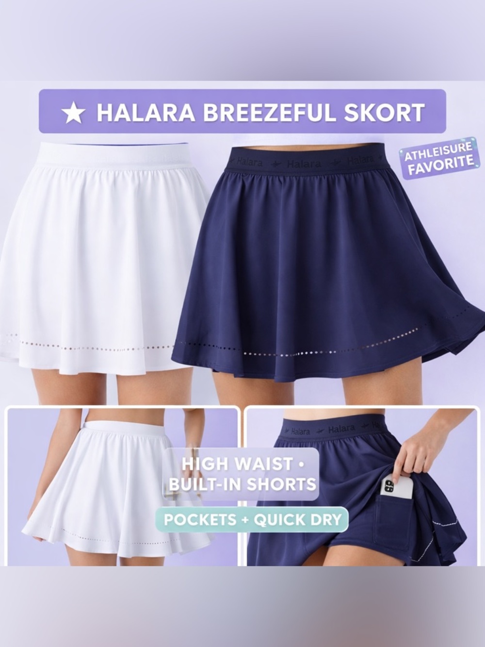 Breezeful High Waisted Perforated 2-in-1 Flare Mini Skirt w/ Shorts & Pockets - Picture 1 of 4